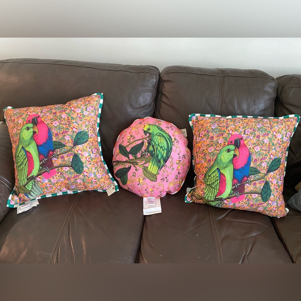 Maeve by Anthropologie Indoor/Outdoor Pillow with bright birds: three pillows